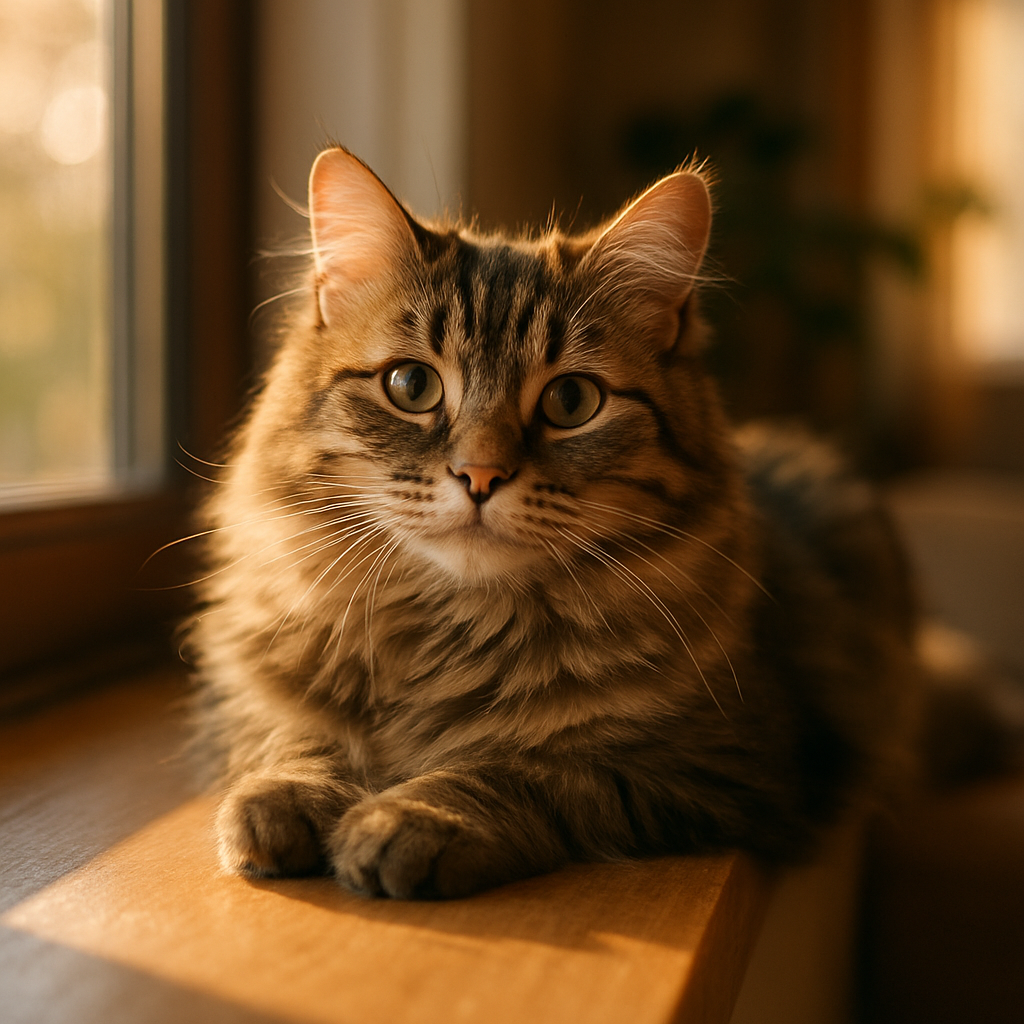 A fluffy tabby cat napping in a sunbeam on a window sill