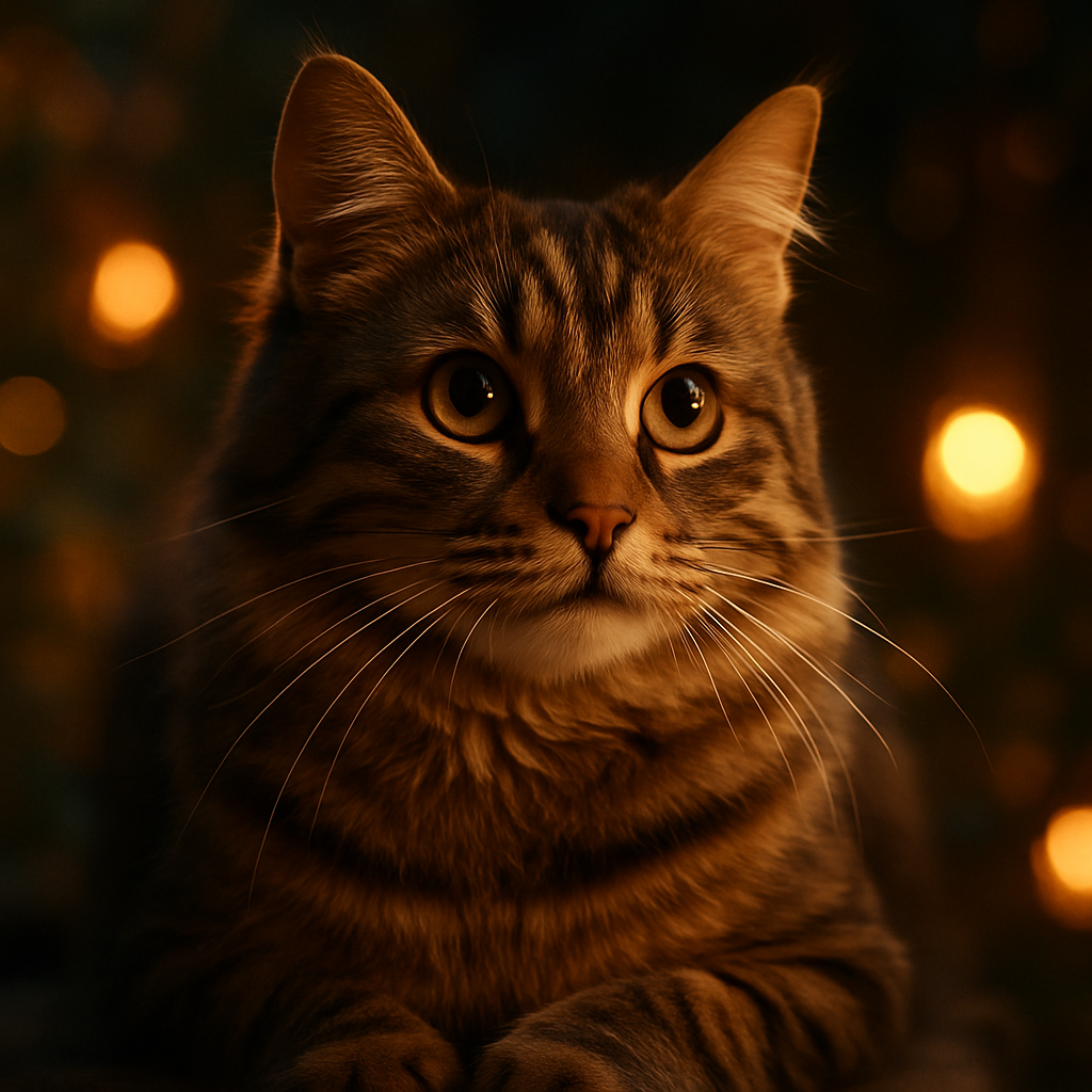 Tabby cat exploring a garden at twilight