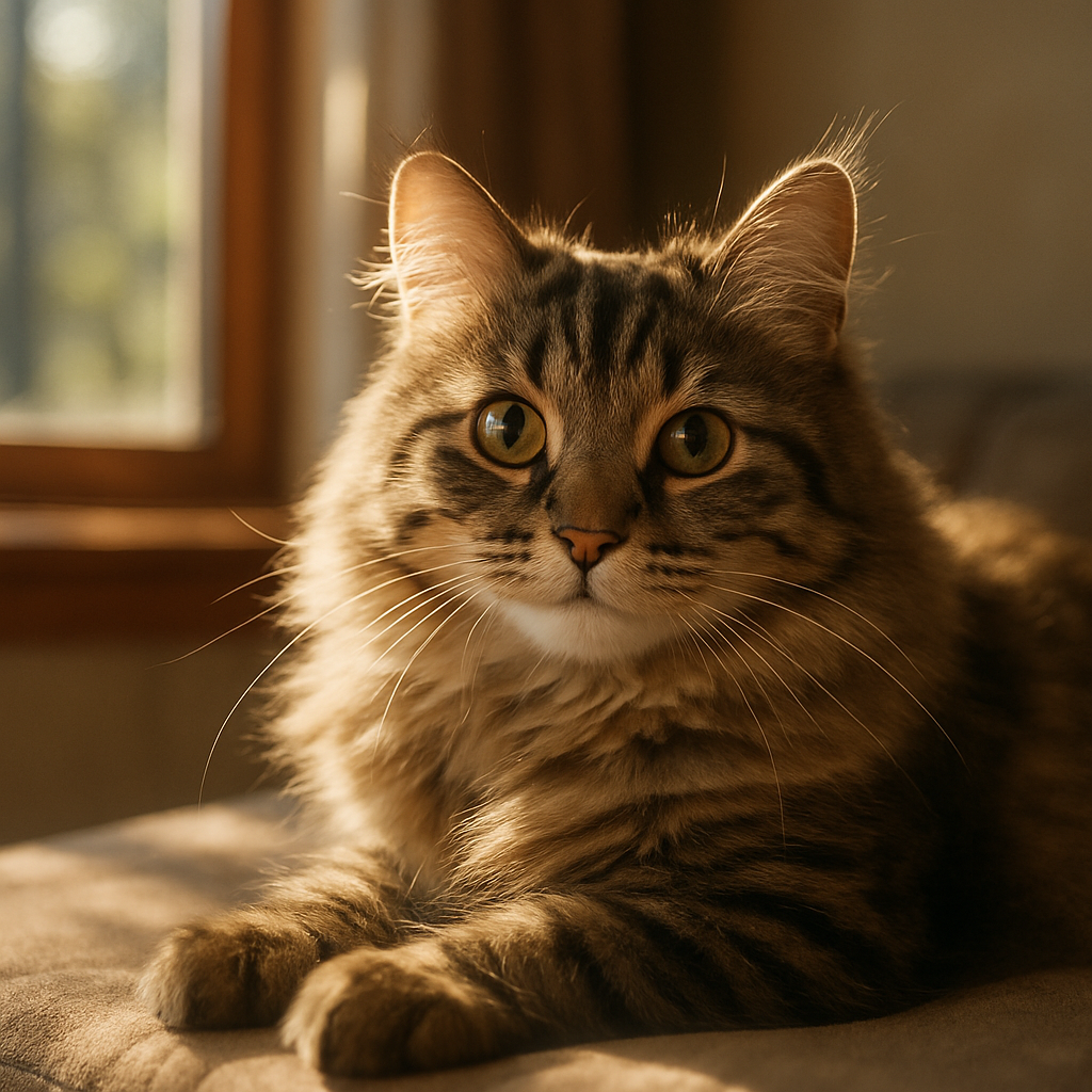 A fluffy tabby cat lounging by a sunny window.