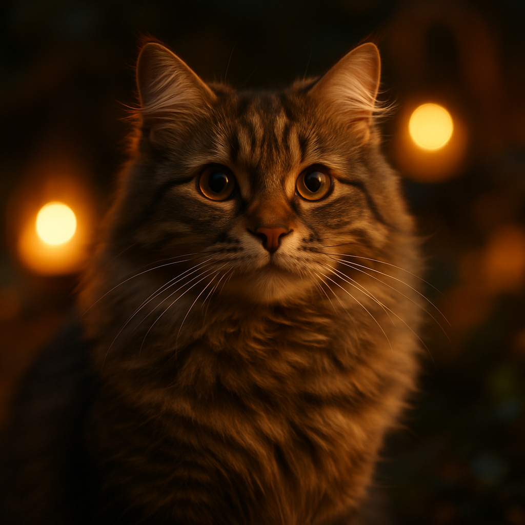 A fluffy tabby cat exploring a garden at twilight