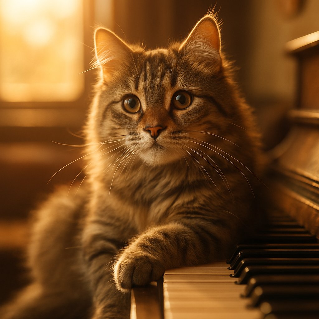 A tabby cat playing a piano key with its paw.