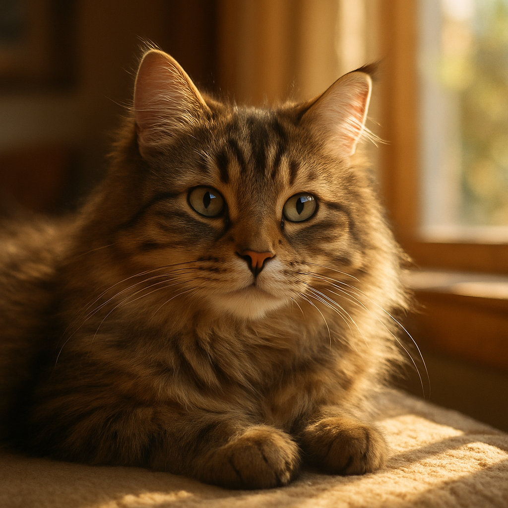 Fluffy tabby cat napping on sunny windowsill.