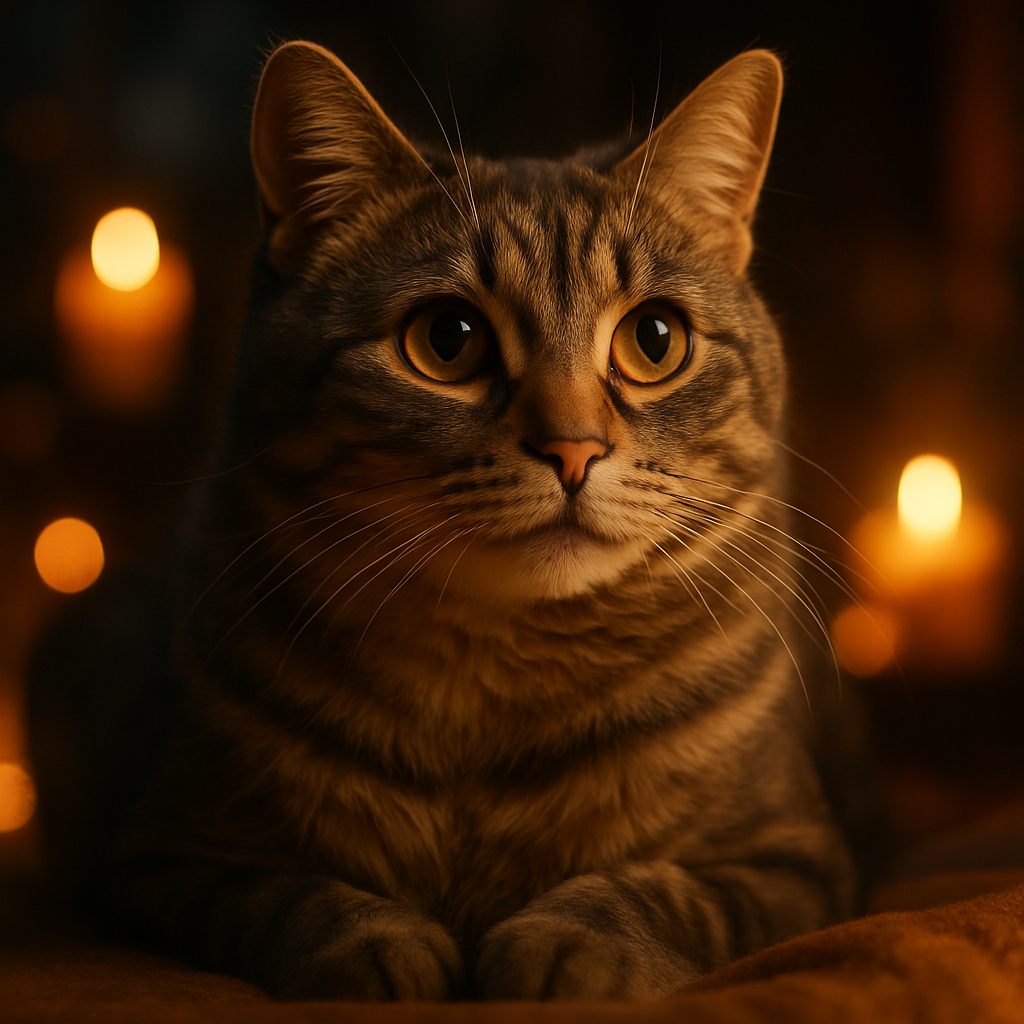 Grey tabby cat exploring a moonlit garden