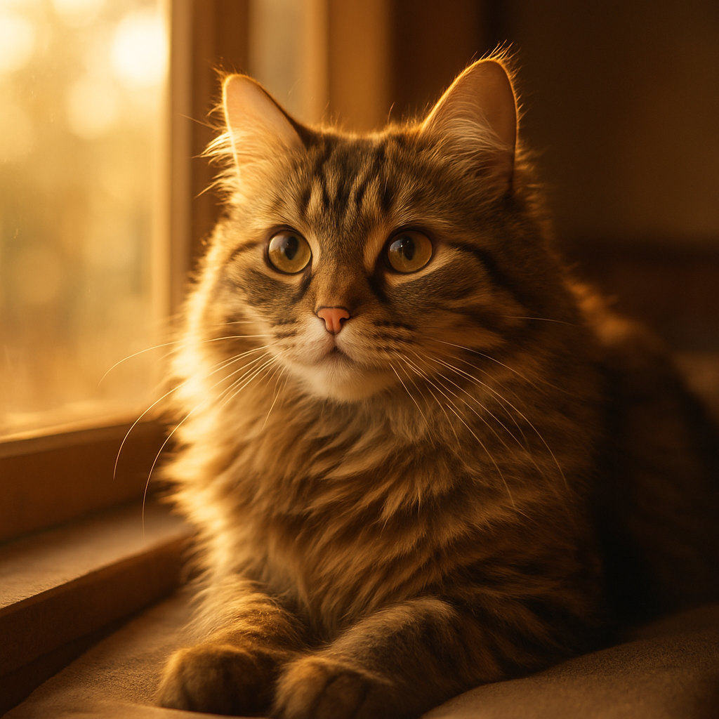 A fluffy tabby cat basking in morning sunlight on a windowsill.