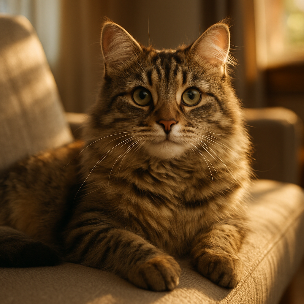 A tabby cat basking in the sun on a cozy armchair.
