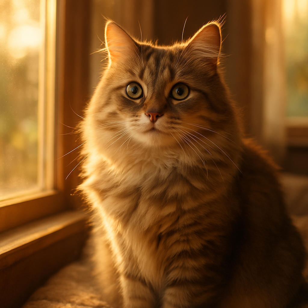 Content cat sitting on a sunny windowsill.