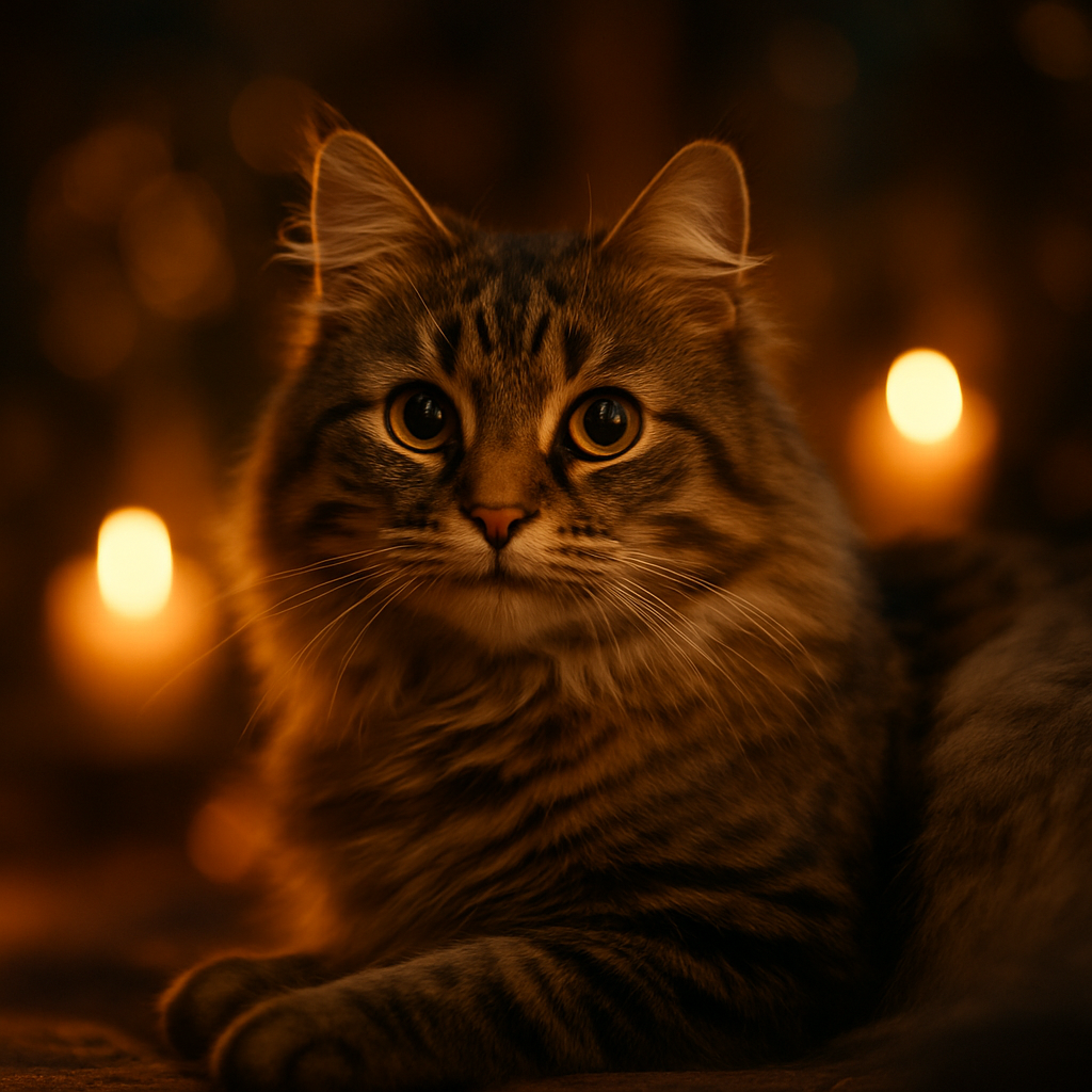 A fluffy tabby cat exploring a moonlit garden.