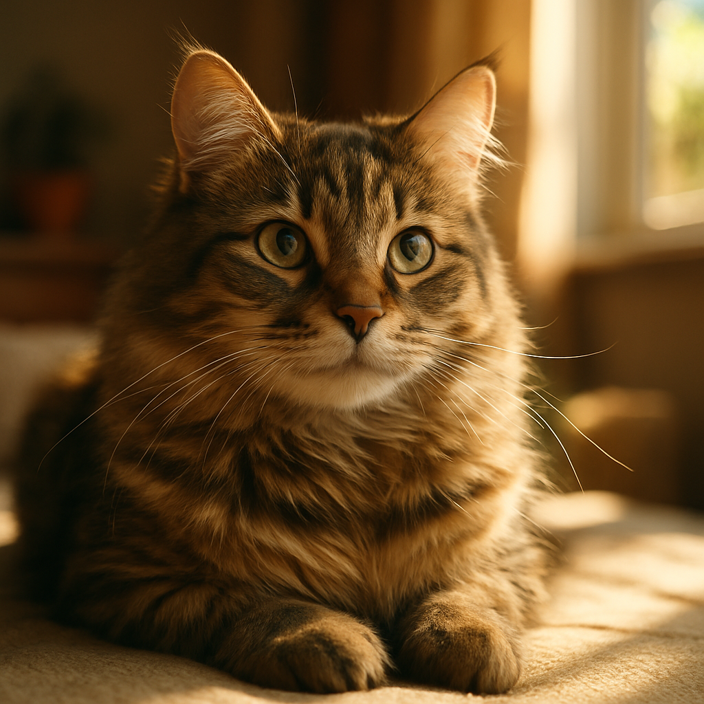 A content tabby cat lounging in a sunbeam.