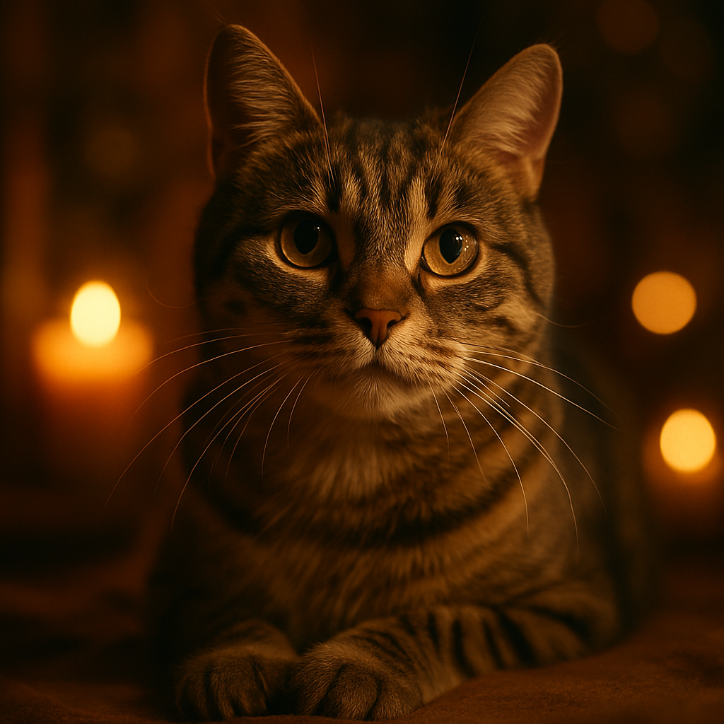 A curious tabby cat exploring a moonlit garden