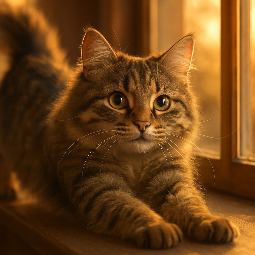 A tabby cat stretching on a windowsill in the morning light