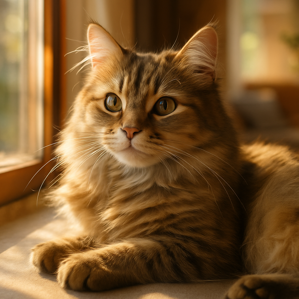 A fluffy cat napping in a sunny window.