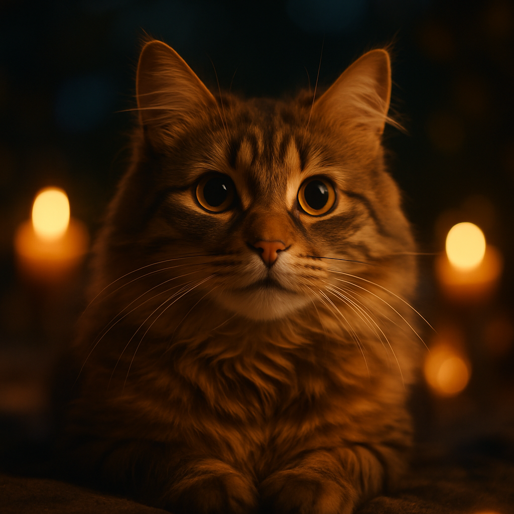 Curious cat exploring a moonlit garden.