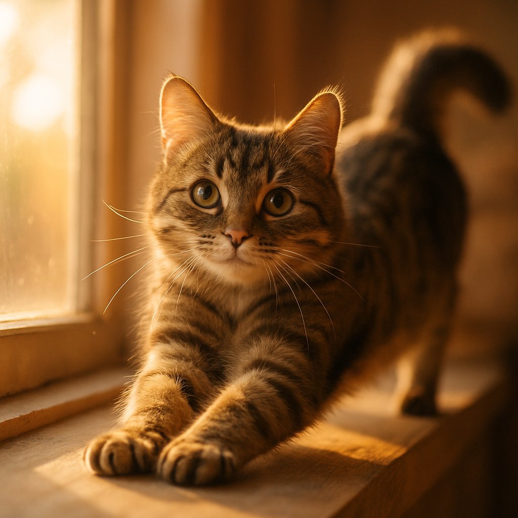A tabby cat stretching on a sunny windowsill.