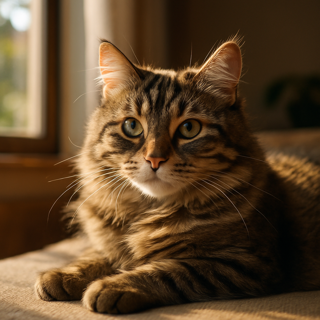 Tabby cat napping in sunbeam by a window