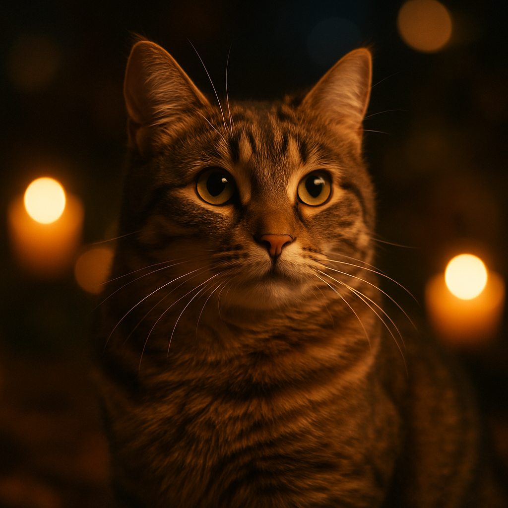 Tabby cat under moonlight in a garden