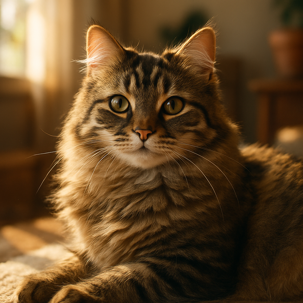 Fluffy tabby cat basking in afternoon sunlight