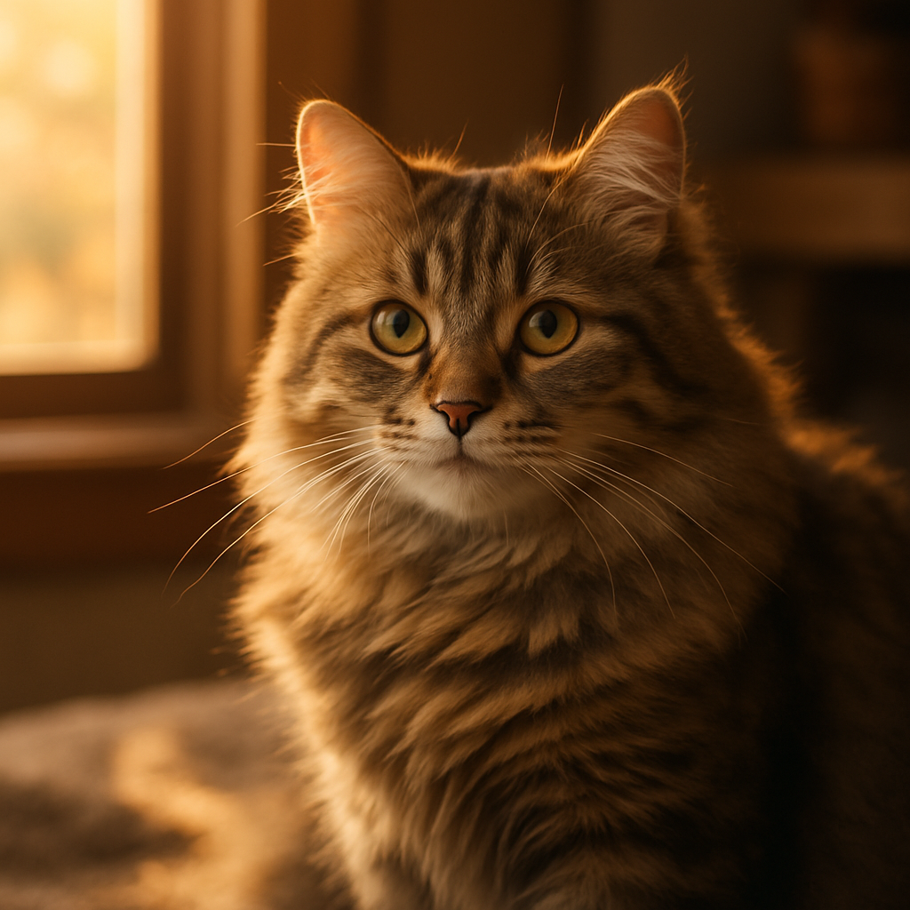 Fluffy tabby cat enjoying the morning sunbeam