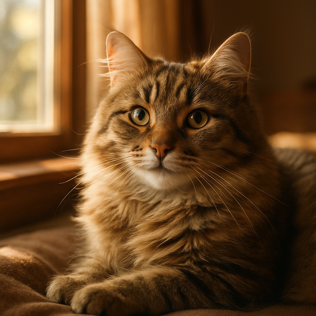 A fluffy tabby cat napping in a sunny window.