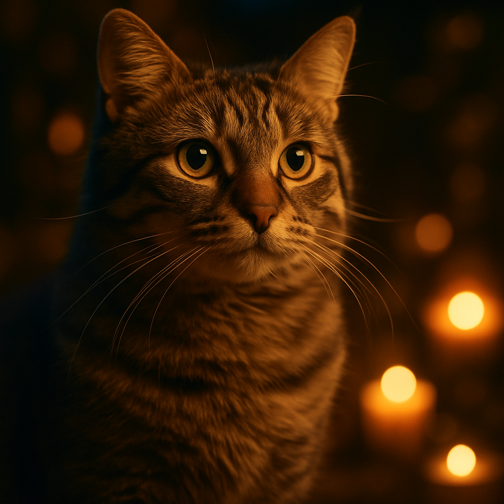 Whiskers the tabby cat exploring a moonlit garden
