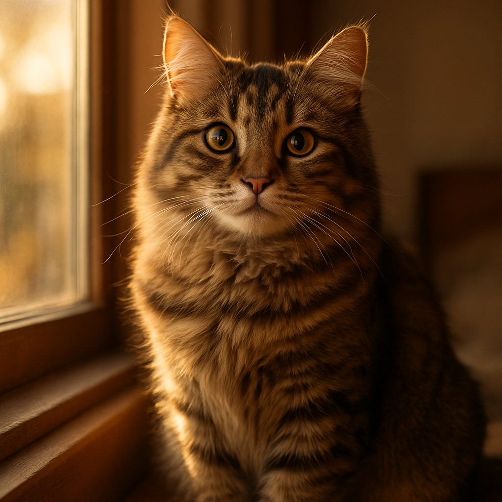 A tabby cat sitting on a sunny windowsill, looking curious.