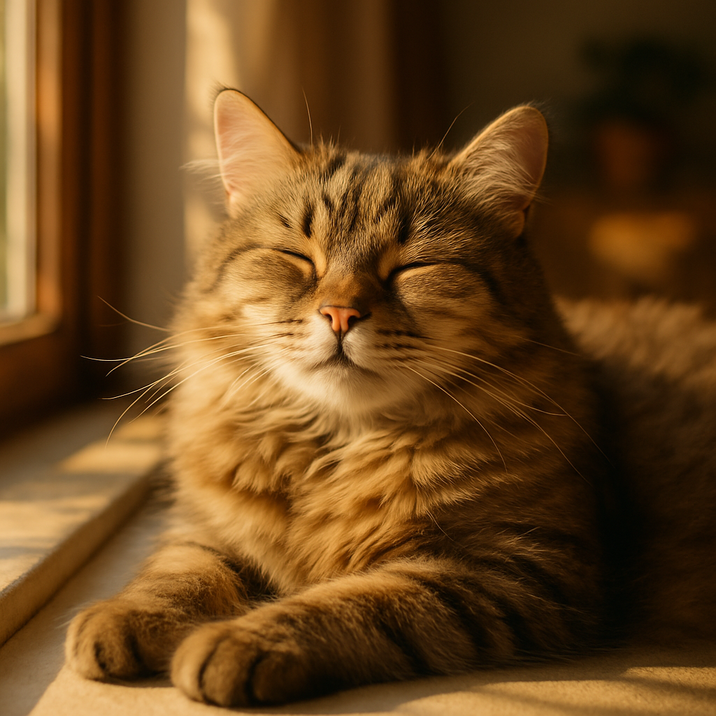 Cat lounging on a sunny windowsill, eyes closed.
