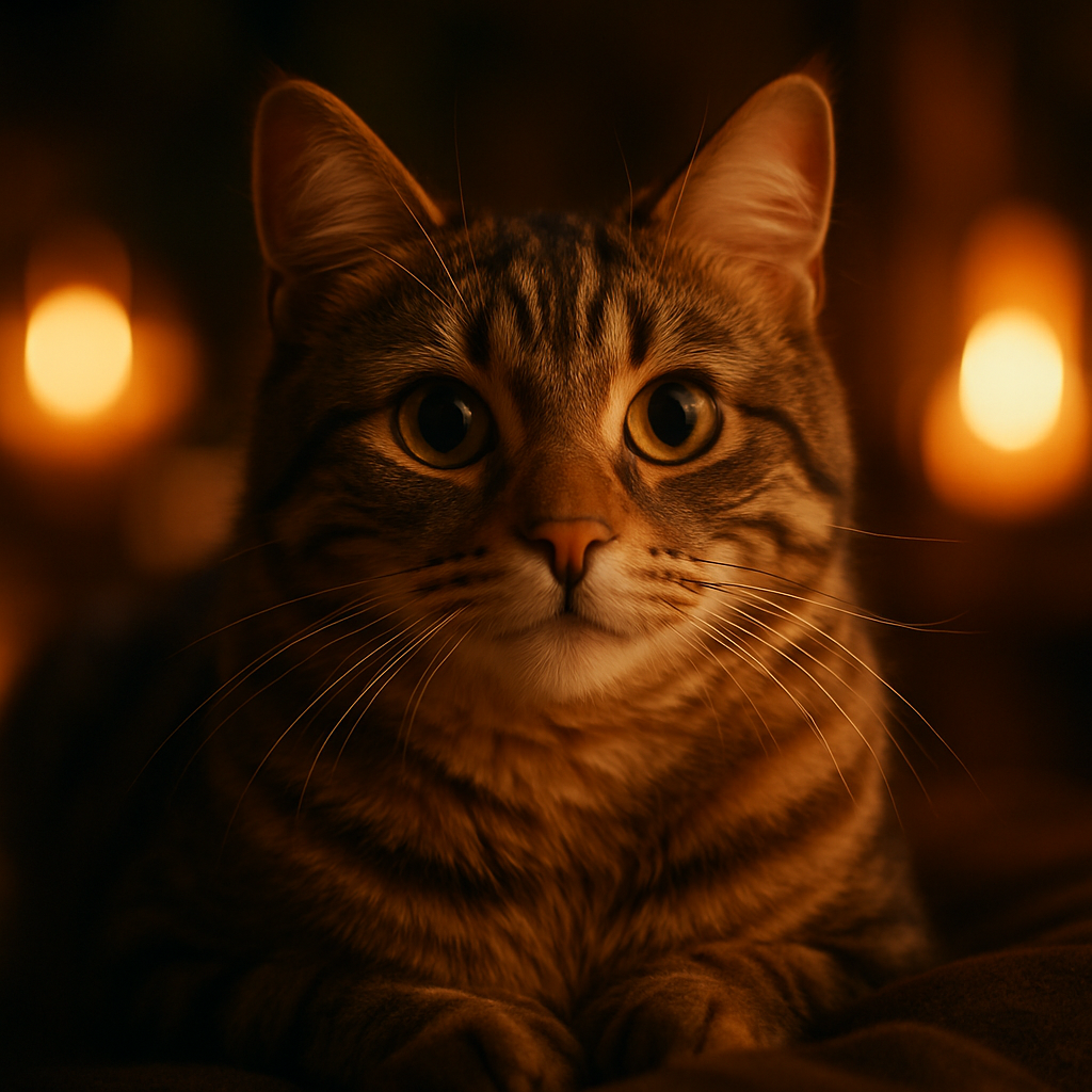 Tabby cat Milo exploring a moonlit garden.