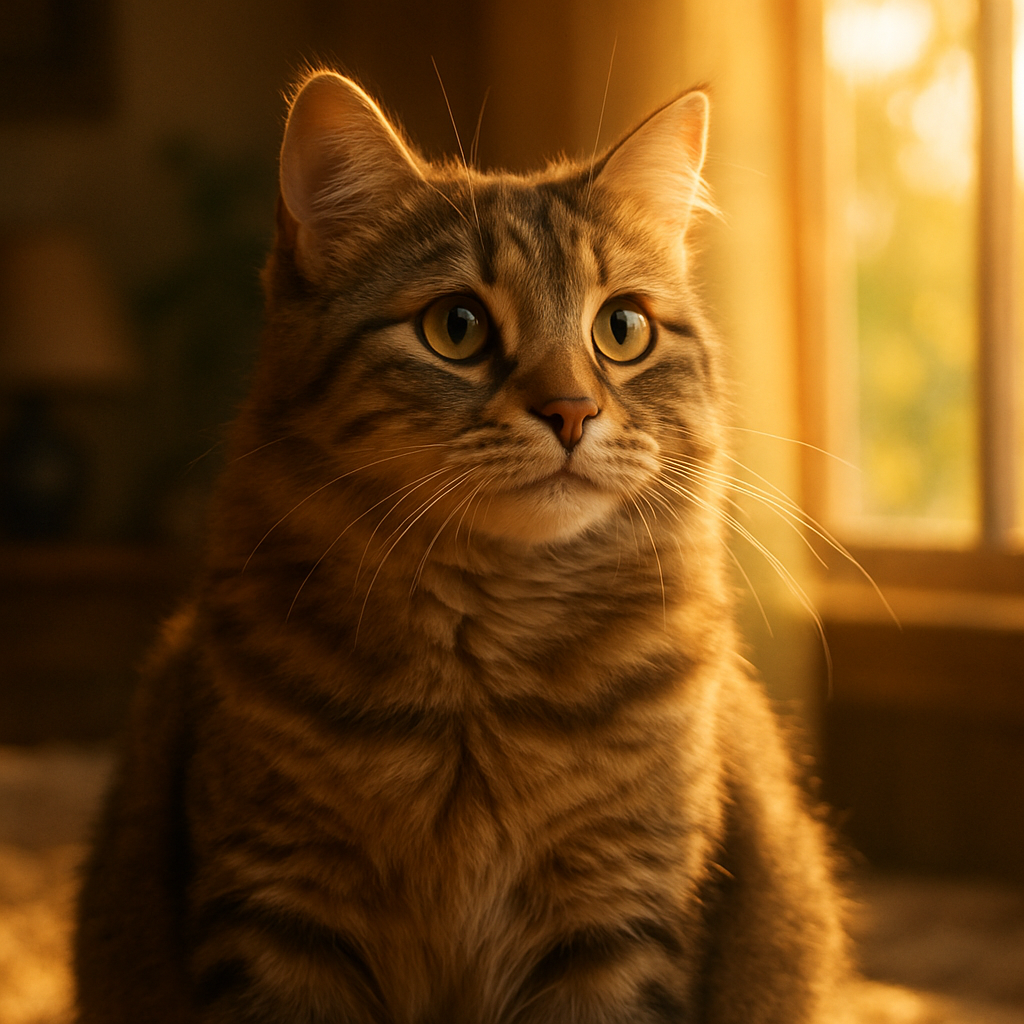 A curious tabby cat exploring a sunny garden.