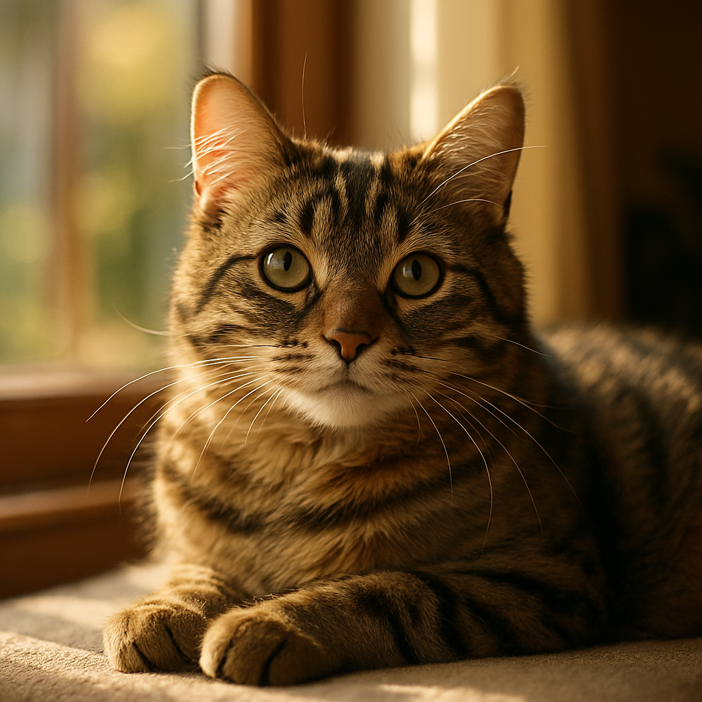 A tabby cat lounging in a sunny window.