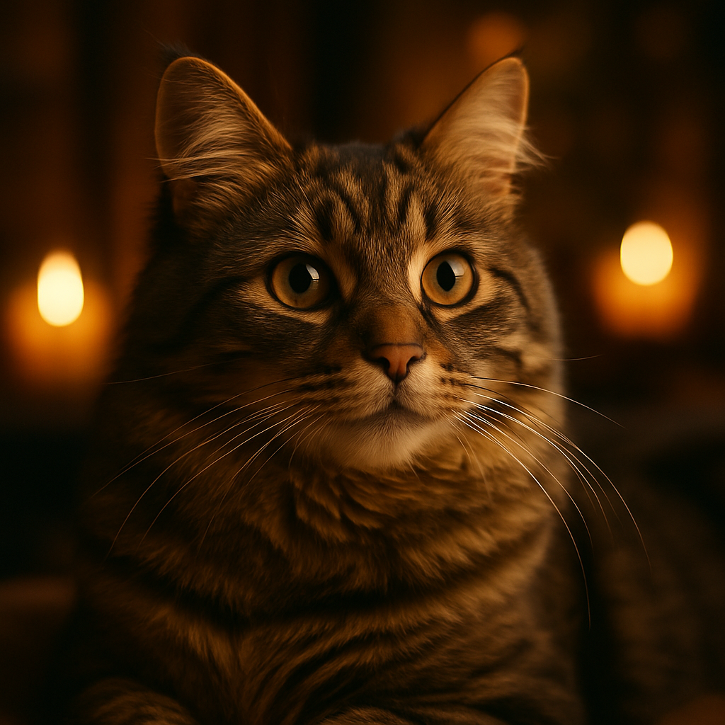 A tabby cat strolling in a moonlit garden