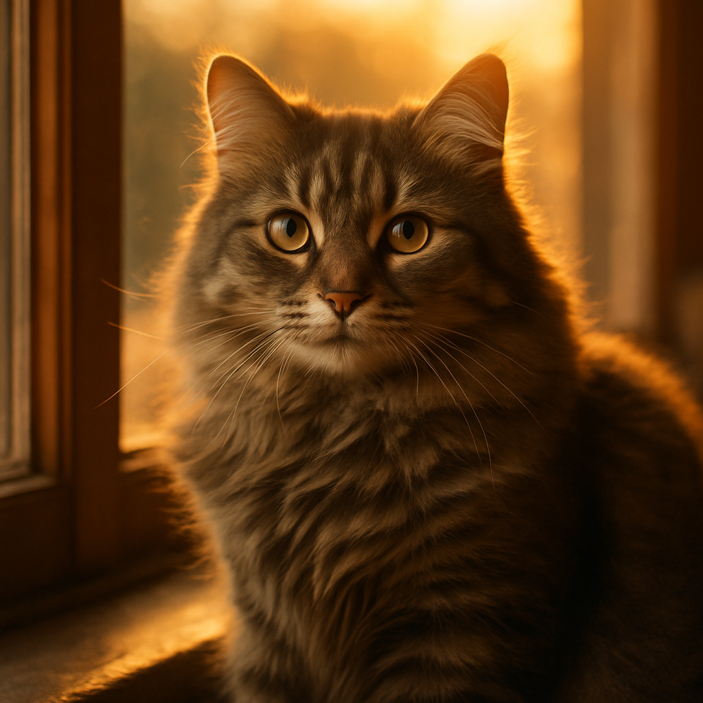 A fluffy gray tabby cat basking in morning sunlight on a windowsill.