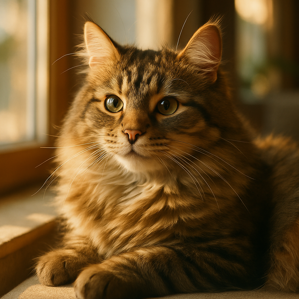 A fluffy tabby cat napping in a sunbeam on a window sill