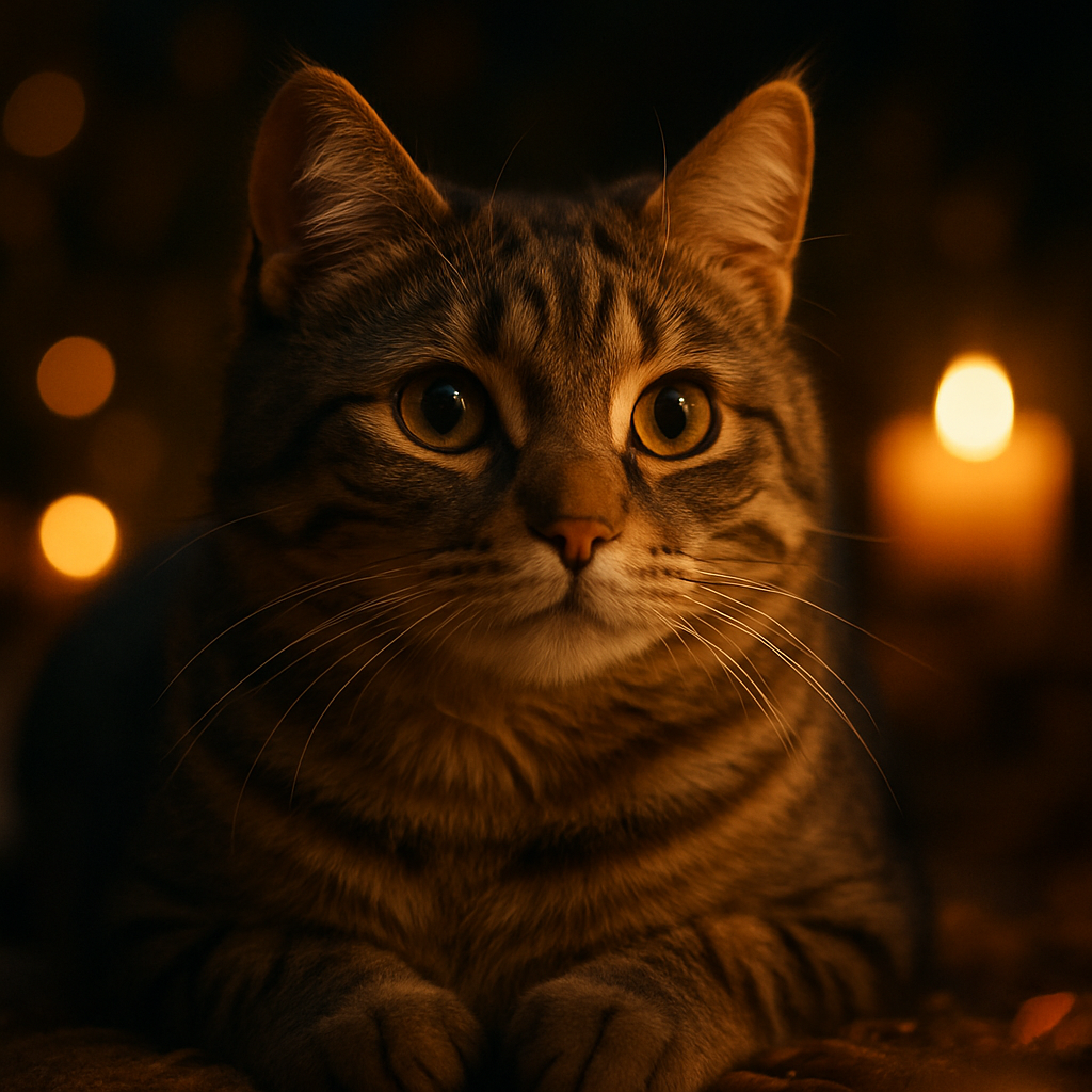 Tabby cat exploring the garden at night under moonlight