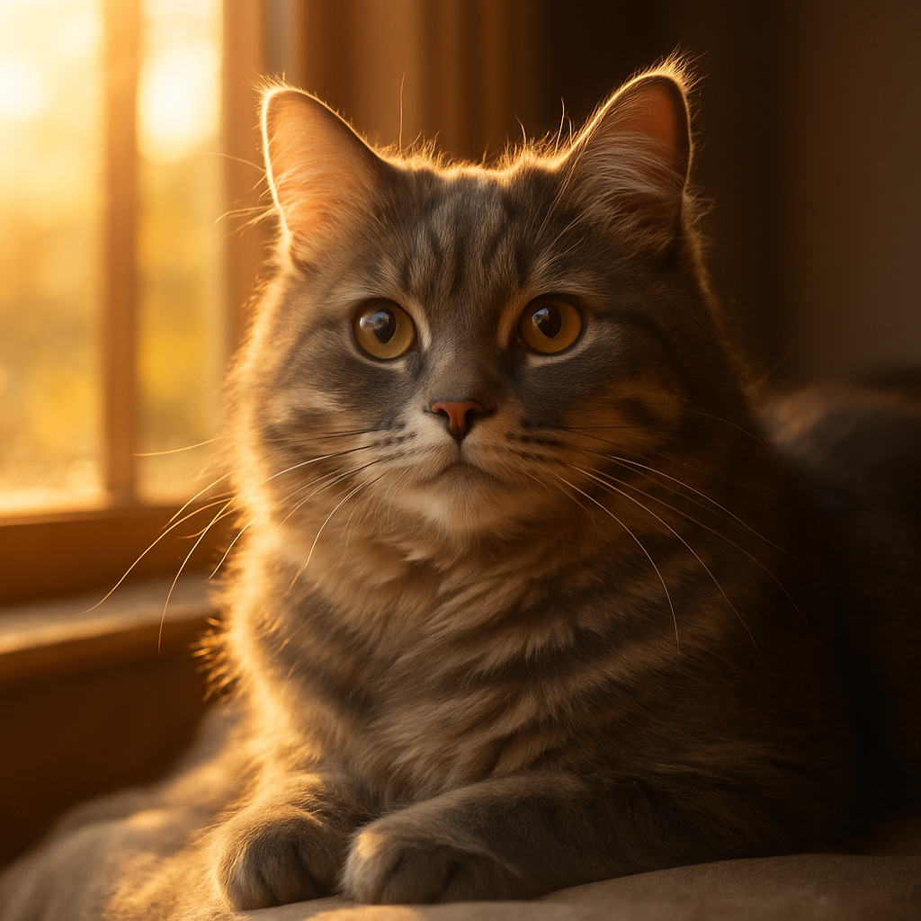 Grey cat basking in the morning sun by the window