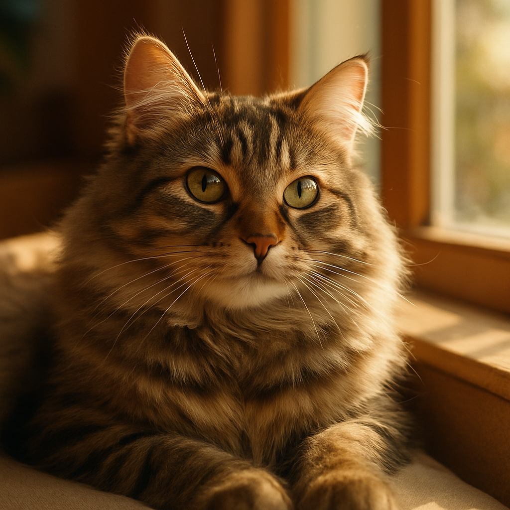 A fluffy tabby cat lounging in a sunny window