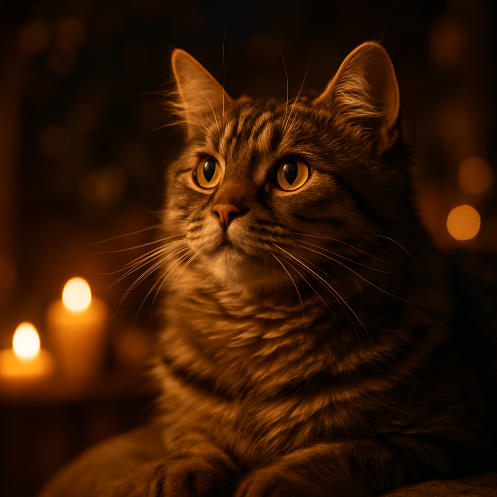 Tabby cat gazing at the stars in a garden at night