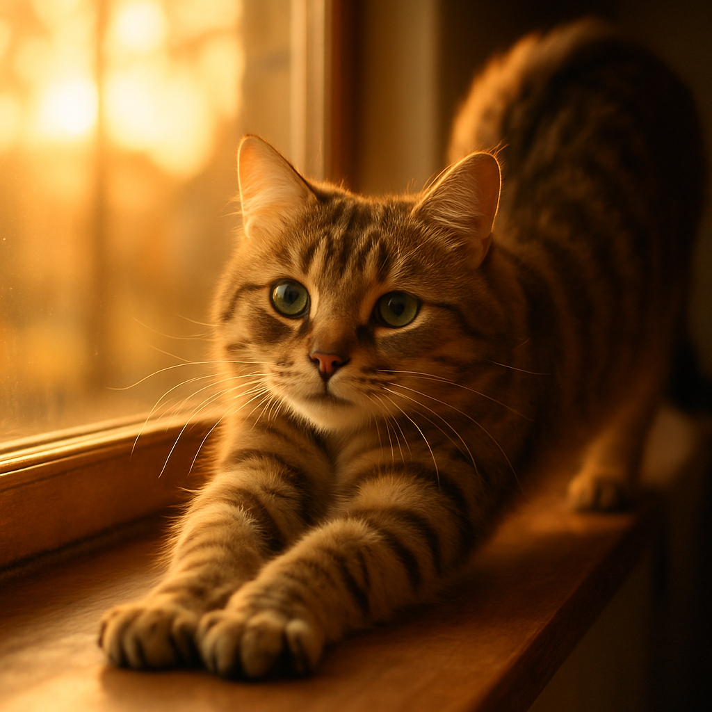 Tabby cat stretching on a windowsill at sunrise