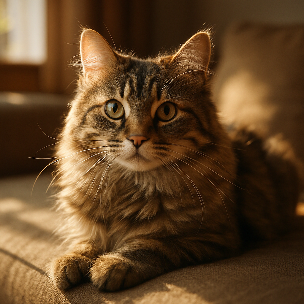A fluffy tabby cat basking in sunlight on a couch.