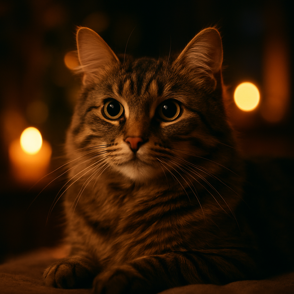 A tabby cat exploring a moonlit garden.