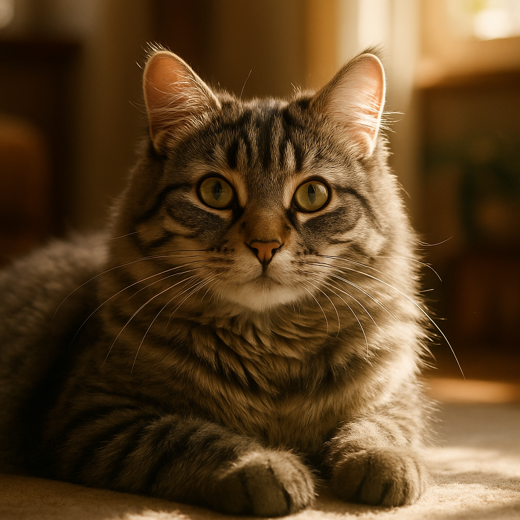 A fluffy gray tabby cat lounging in a sunbeam.