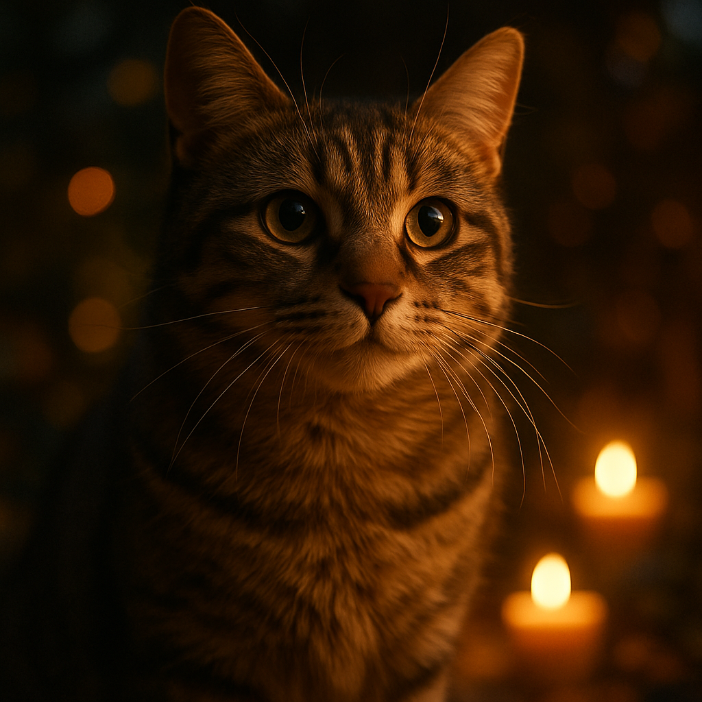 Tabby cat exploring a moonlit garden