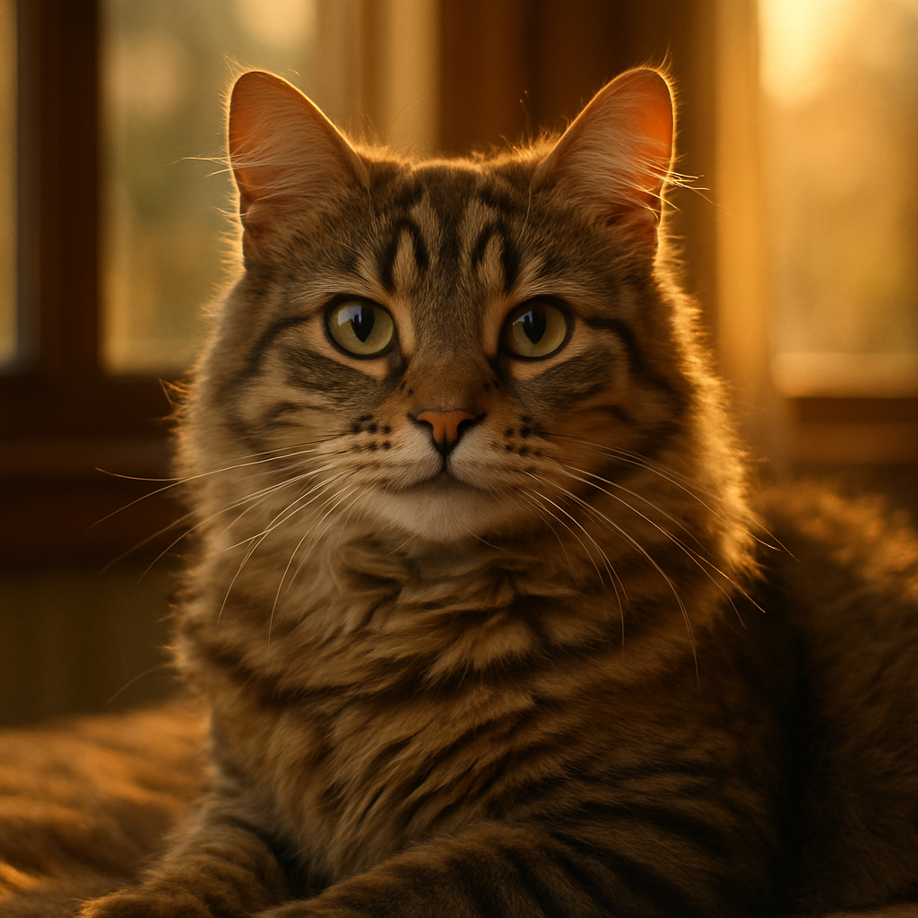 A tabby cat basking in morning sunlight