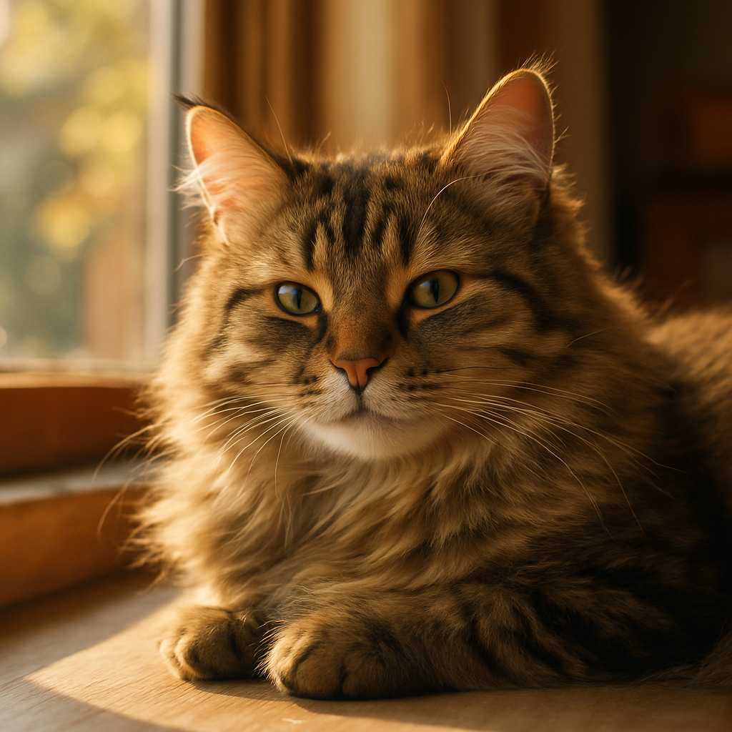 Fluffy tabby cat napping in a sunbeam on a window sill.