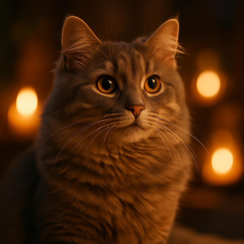 A curious grey cat under the moonlight in a garden