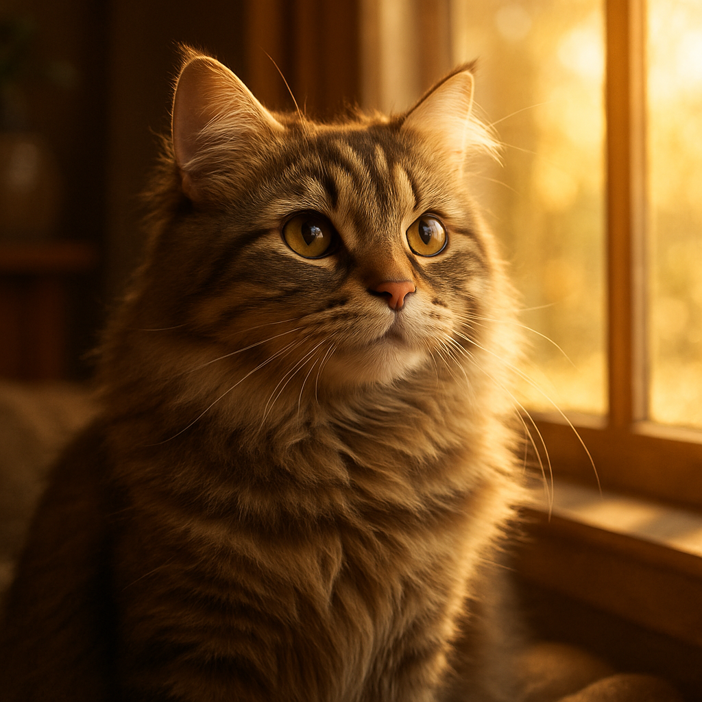 A fluffy tabby cat gazing out of a sunny window.