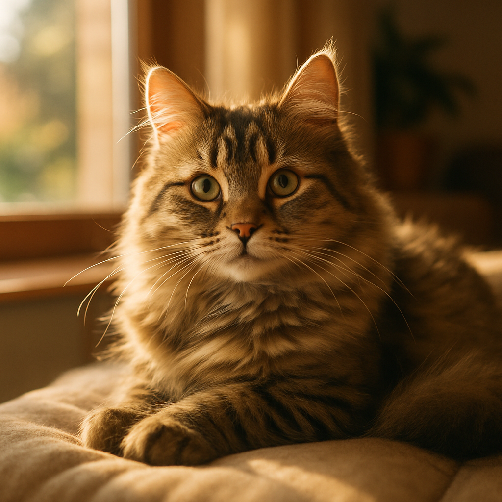 Fluffy tabby cat napping in a sunny window spot