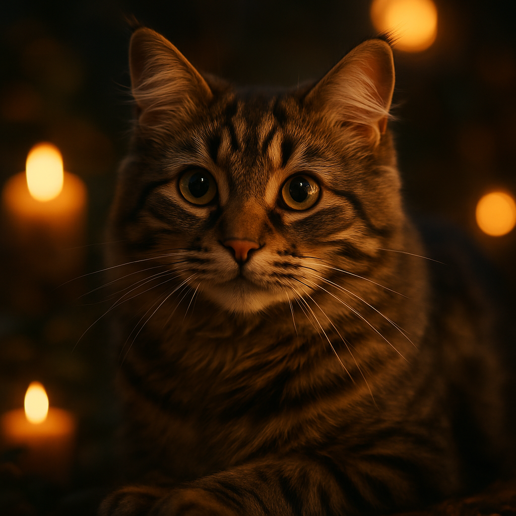 Tabby cat exploring a garden at twilight