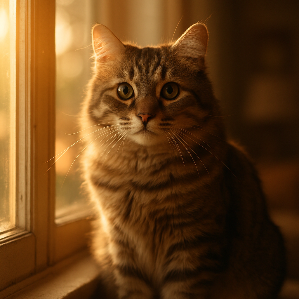 A tabby cat named Whiskers sitting on a windowsill in the morning light