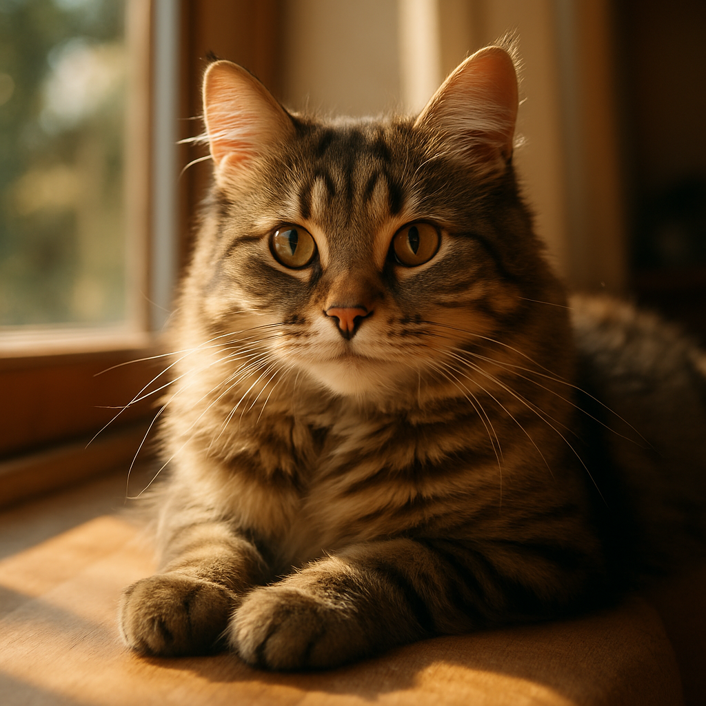 Whiskers the tabby cat lounging on a sunny windowsill