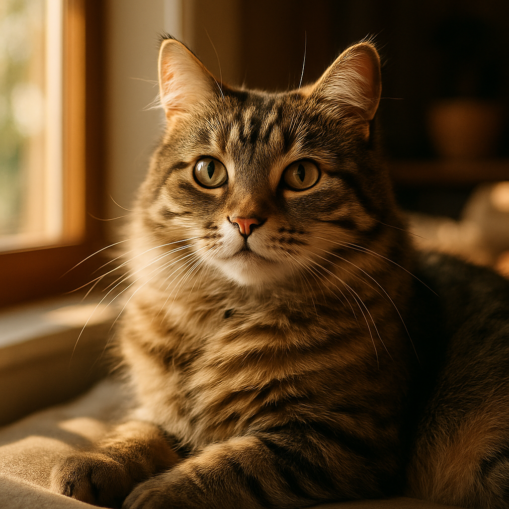 Tabby cat lounging in a sunny window.