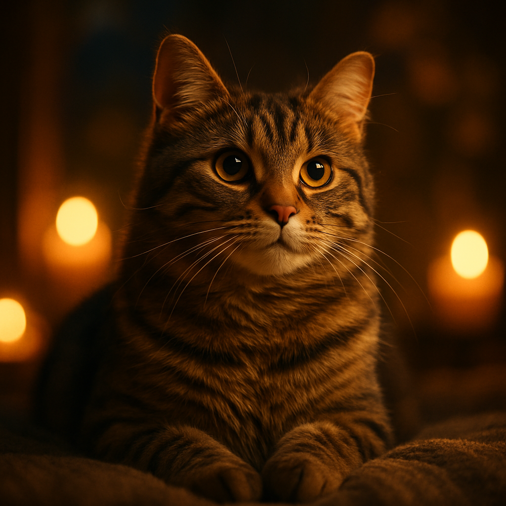 A tabby cat exploring a moonlit garden.